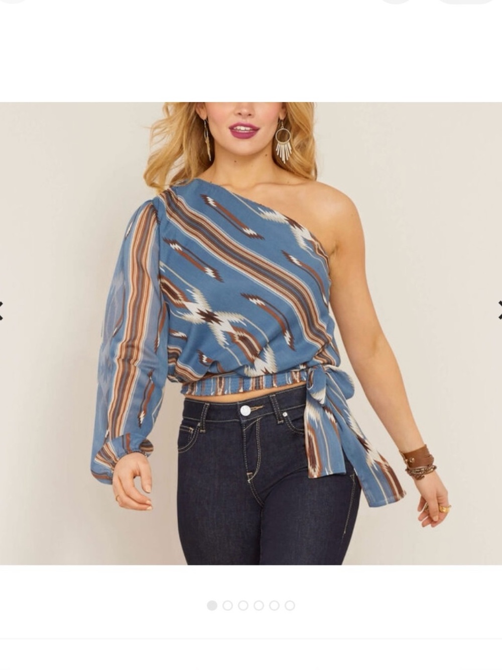 Ariat One-Shoulder Blue and Brown Aztec Tie-Waist Top